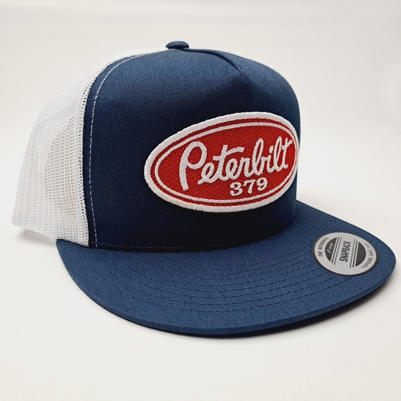 Peterbilt 379 Embroidered Patch Flat Bill Mesh Snapback Trucker Cap Hat - Picture 3 of 4